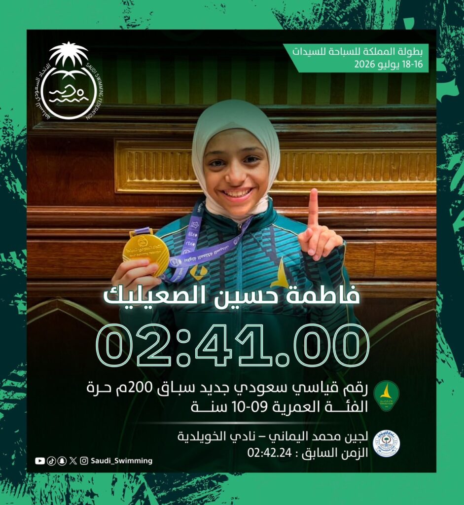 نادي الخليج يواصل صناعة الأبطال.. فاطمة الصعيليك تحطم الرقم القياسي السعودي في السباحة